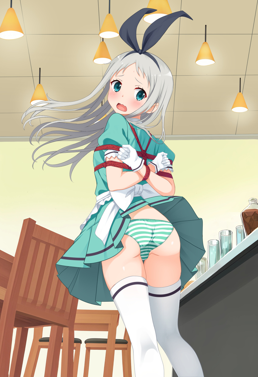 1boy absurdres arms_behind_back ass back_bow black_hairband blend_s blush bondage bondage bondage bound bow chinese_commentary commentary crotch_seam dress floating_hair forehead from_behind gloves green_eyes green_panties grey_hair hairband hairbow highres indoors kanzaki_hideri long_hair looking_at_viewer looking_back male_focus meitoku open_mouth otoko_no_ko panties pantyshot parted_bangs puffy_short_sleeves puffy_sleeves revision short_sleeves solo standing stile_uniform striped_clothes striped_panties thighhighs two-tone_panties underwear waitress white_bow white_gloves white_panties white_thighhighs