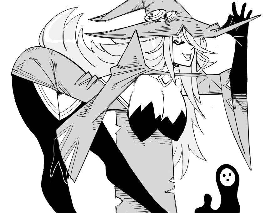 absurdres bb_(baalbuddy) bent_over blazblue breasts cleavage cropped_legs female hat hat_tip highres konoe_a._mercury large_breasts long_hair looking_at_viewer smile solo very_long_hair white_background witch witch_hat