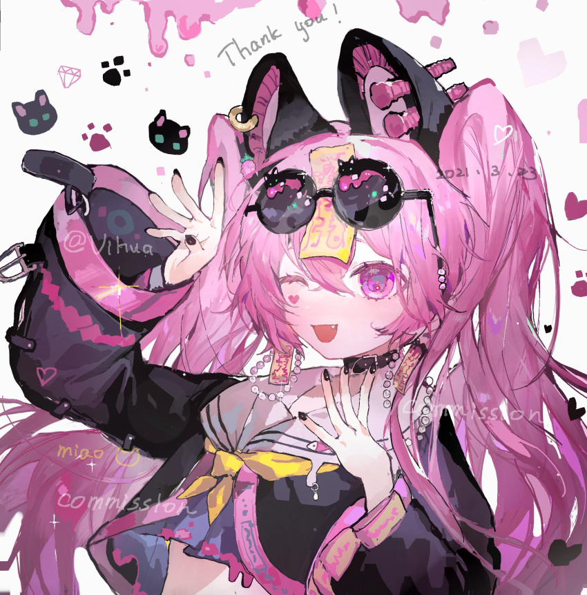 animal_ears arm_up belt_collar black_collar black_shirt cat_ears cat_girl chinese_commentary collar commentary_request commission cropped_shirt dated english_text eyewear_on_head facial_mark female hair_between_eyes heart heart_facial_mark highres long_hair long_sleeves mark_under_eye neckerchief oerba_yun_fang ofuda ofuda_on_head one_eye_closed open_mouth original pink_eyes pink_hair round_eyewear sailor_collar sailor_shirt shirt smile solo sunglasses thank_you twintails upper_body vihua6 watermark white_sailor_collar wide_sleeves yellow_neckerchief