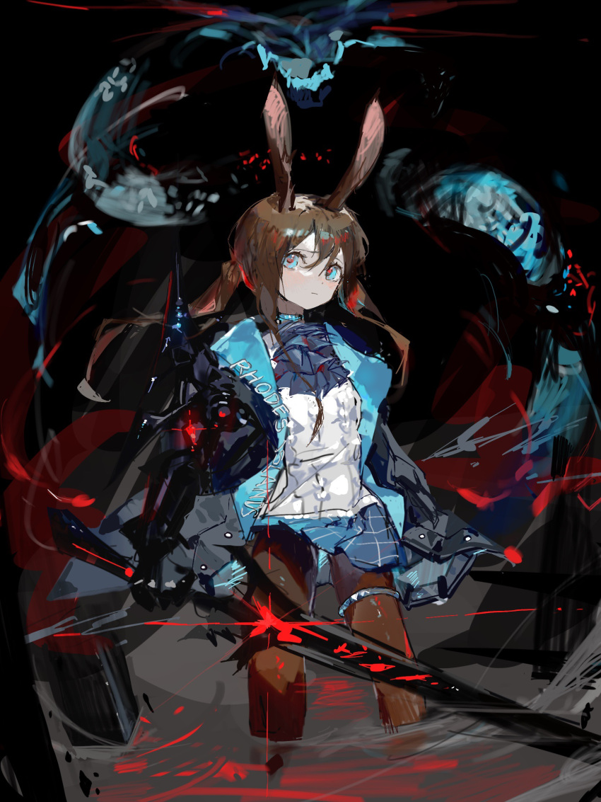 amiya_(arknights) animal_ears arknights ascot black_jacket blue_ascot blue_eyes blue_skirt brown_hair brown_pantyhose cable_knit chinese_commentary commentary_request female hair_between_eyes highres holding holding_sword holding_weapon jacket long_hair miniskirt open_clothes open_jacket pantyhose rabbit_ears rabbit_girl red_pupils skirt solo sweater sword thigh_strap vihua6 weapon white_sweater