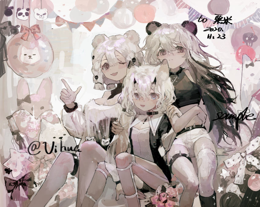 3girls animal_ears balloon bear_ears bear_girl black_collar black_eyes black_hair black_ribbon black_shirt black_socks blue_eyes breasts center-flap_bangs chinese_commentary cleavage collar commentary_request commission crop_top dated hair_ornament hand_on_another's_arm highres horns large_breasts long_hair long_sleeves medium_hair multicolored_hair multiple_girls open_mouth original panda_girl pennant ribbon shirt short_hair shorts sitting skull_hair_ornament smile socks spiked_thigh_strap thigh_strap two-tone_hair vihua6 wavy_hair white_hair white_ribbon white_shirt white_shorts