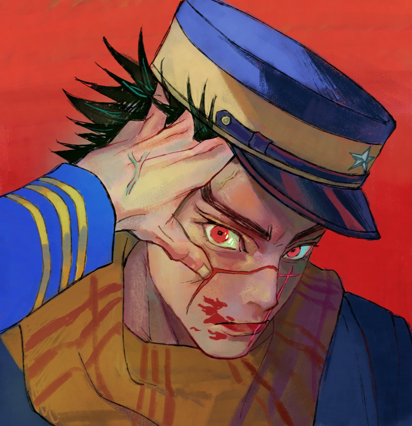 2boys absurdres black_hair blood blood_on_face blue_coat coat commentary_request golden_kamuy hand_on_another's_face hat highres long_sleeves looking_at_another male_focus multiple_boys myqqroom ogata_hyakunosuke out_of_frame outstretched_arm red_background red_eyes scar scar_on_face scarf short_hair simple_background solo_focus spiked_hair star_(sky) staring sugimoto_saichi thick_eyebrows upper_body veins veiny_hands yellow_scarf