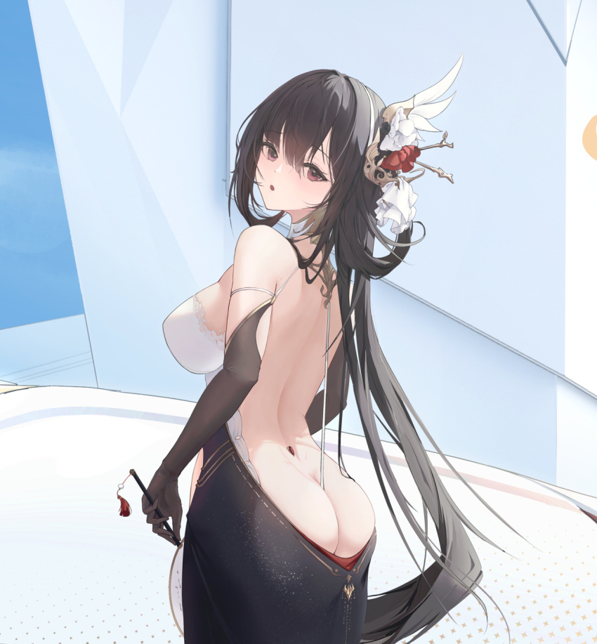 ass azur_lane back backless_dress backless_outfit bare_back bare_shoulders black_dress black_gloves black_hair blush breasts chen_hai_(azur_lane) choker day dress elbow_gloves female from_behind galodos gem gloves gold_trim hair_between_eyes hair_ornament hand_fan highres holding holding_fan large_breasts long_hair looking_at_viewer looking_back open_mouth outdoors red_eyes red_gemstone sideboob solo standing string tassel white_choker