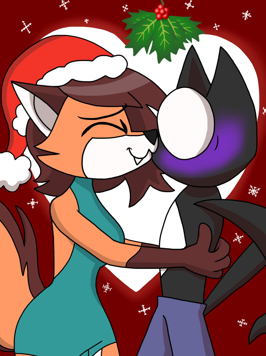 absurd_res android anthro bottomwear breasts brown_body brown_fur brown_hair canid canine christmas christmas_clothing christmas_headwear clothing duo female fluffy fluffy_tail fox fur hair hat headgear headwear heart_symbol hi_res holidays holly_(plant) justsomepainter11 kissing machine macy male male/female mammal multicolored_body multicolored_fur open_back_shirt orange_body orange_fur plant robot robot_anthro santa_hat shirt shorts smile snaggle_tooth snowflake surprise_kiss tail talon_(animatedjames) topwear unknown_species white_body white_fur