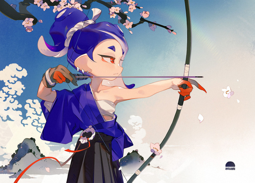 alternate_costume arrow_(projectile) bandeau black_skirt blue_hair blue_kimono bow_(weapon) branch breasts brown_gloves cherry_blossoms colored_extremities commentary_request earrings female fingernails gloves hadanugi_dousa hair_tie hakama hakama_skirt high_ponytail holding holding_arrow holding_bow_(weapon) holding_weapon japanese_clothes jewelry kimono looking_ahead medium_hair multiple_earrings octoling outstretched_arm parted_lips partially_fingerless_gloves profile red_eyes sharp_fingernails shiver_(splatoon) short_eyebrows single_glove skirt small_breasts solo splatoon_(series) splatoon_3 suction_cups tentacle_hair tooth_earrings towo_nita weapon white_bandeau wide_sleeves yugake