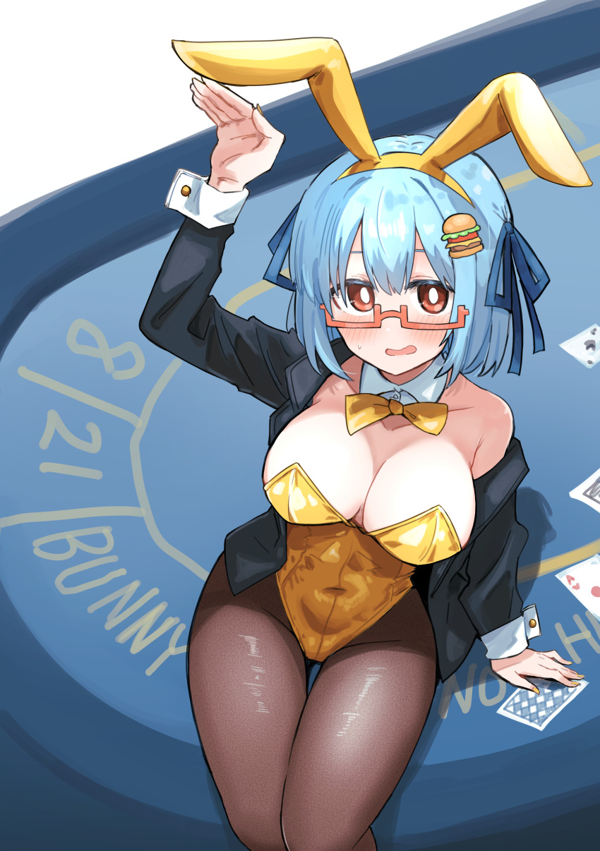 absurdres animal_ears blue_hair blue_ribbon blush bow bowtie breasts brown_pantyhose burger_hair_ornament card casino_card_table cleavage commentary_request covered_navel fake_animal_ears female food-themed_hair_ornament from_above glasses gold_leotard hair_ornament hair_ribbon hamburger-chan_(hundredburger) highres hundredburger large_breasts leotard long_sleeves looking_at_viewer orange-framed_eyewear orange_eyes original pantyhose rabbit_ears red-framed_eyewear ribbon semi-rimless_eyewear simple_background sitting smile solo table under-rim_eyewear white_background yellow_bow yellow_bowtie yellow_leotard