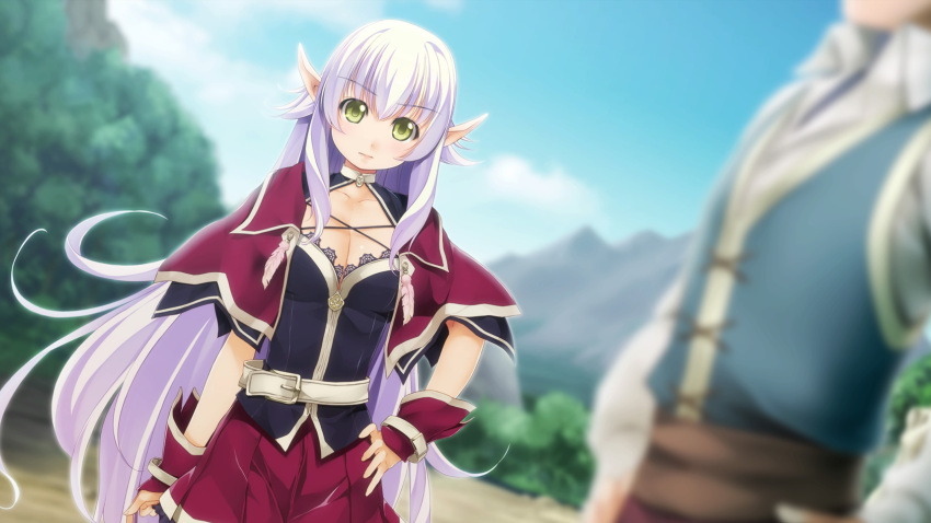 1boy atelier-moo belt black_bustier blurry blurry_background breasts capelet cleavage closed_mouth collarbone cowboy_shot dark_elf detached_sleeves elf female hair_between_eyes hand_on_own_hip highres large_breasts long_hair long_pointy_ears miniskirt outdoors pointy_ears purple_capelet purple_hair sidelocks silvia_milsteen skirt standing very_long_hair white_belt wizards_symphony yellow_eyes