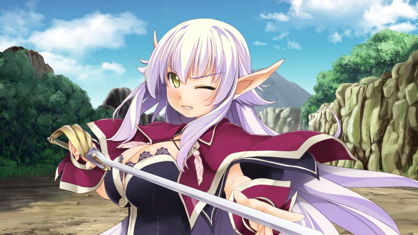 atelier-moo black_bustier breasts bustier capelet cleavage clenched_teeth closed_mouth dark_elf detached_sleeves elf female hair_between_eyes highres holding holding_sword holding_weapon large_breasts long_hair long_pointy_ears looking_at_viewer narrow_waist one_eye_closed pointy_ears purple_capelet purple_hair rapier sidelocks silvia_milsteen solo standing sword teeth upper_body v-shaped_eyebrows very_long_hair weapon wizards_symphony yellow_eyes