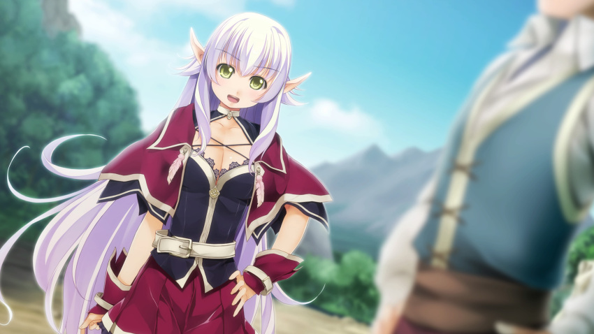 1boy atelier-moo belt black_bustier blurry blurry_background breasts capelet cleavage collarbone cowboy_shot dark_elf detached_sleeves elf female hair_between_eyes hand_on_own_hip highres large_breasts long_hair long_pointy_ears miniskirt open_mouth outdoors pointy_ears purple_capelet purple_hair sidelocks silvia_milsteen skirt smile standing teeth upper_teeth_only very_long_hair white_belt wizards_symphony yellow_eyes