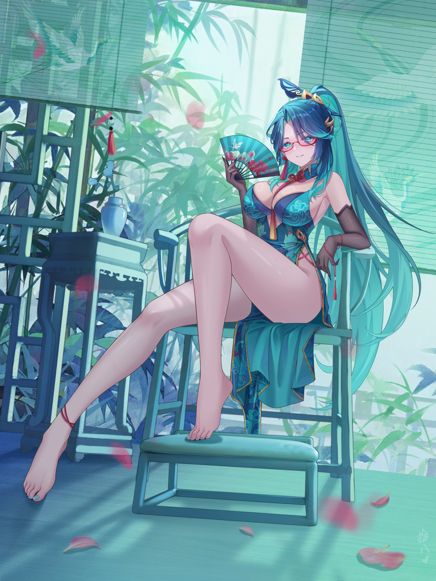 absurdres aqua_dress aqua_eyes aqua_hair aqua_nails bare_legs bare_shoulders barefoot between_breasts black_gloves blue_hair breasts china_dress chinese_clothes cleavage clothes_between_thighs colored_inner_hair cutout_above_navel dress earrings elbow_gloves elbow_rest falling_petals feet female full_body genshin_impact gloves green_hair hair_between_eyes hair_ornament hair_stick hand_fan highres holding holding_fan jewelry juuhachi_kin_(anthonyy1821) large_breasts legs long_hair long_legs looking_at_viewer multicolored_hair nail_polish parted_bangs parted_lips petals ponytail print_dress red-framed_eyewear semi-rimless_eyewear shutter_shades sitting smile solo tassel tassel_earrings thighs tiptoes toenail_polish toenails toes very_long_hair xianyun_(genshin_impact)