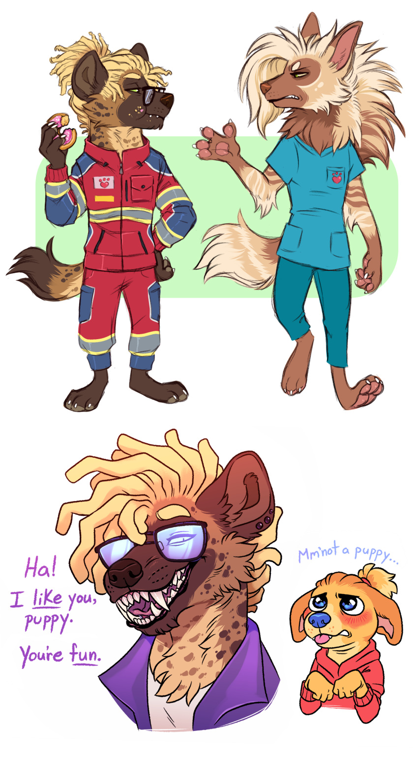 2021 absurd_res alpha_channel ambiguous_gender anthro biped blue_eyes blush border brown_body brown_fur canid canine canis claws clothed clothing dialogue domestic_dog duo english_text eye_contact eyewear feet female_(lore) fur fuzzbutts_(lopoddity) glasses handpaw hi_res holding_donut hyena looking_at_another lopoddity male mammal mason_fletcher multiple_images pawpads paws savannah_(fuzzbutts) sharp_teeth simple_background smile spotted_hyena standing striped_hyena sunglasses tan_body tan_fur teeth text transparent_border virgil_(fuzzbutts) white_background