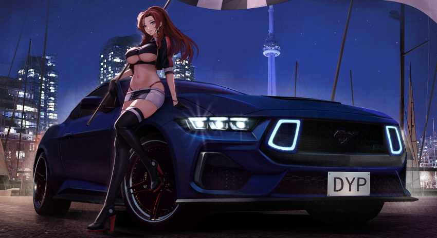 absurdres azur_lane black_thighhighs blue_eyes breasts brown_hair building car checkered_flag cosplay crop_top cropped_jacket female flag ford ford_mustang ford_mustang_s650 full_body high_heels highres holding holding_flag kcar66t long_hair looking_at_viewer miniskirt motor_vehicle night original ponytail prinz_eugen_(azur_lane) prinz_eugen_(azur_lane)_(cosplay) prinz_eugen_(final_lap)_(azur_lane) race_queen race_vehicle racecar scenery shrug_(clothing) skirt smile solo sports_car thighhighs two-tone_leotard underboob vehicle_focus