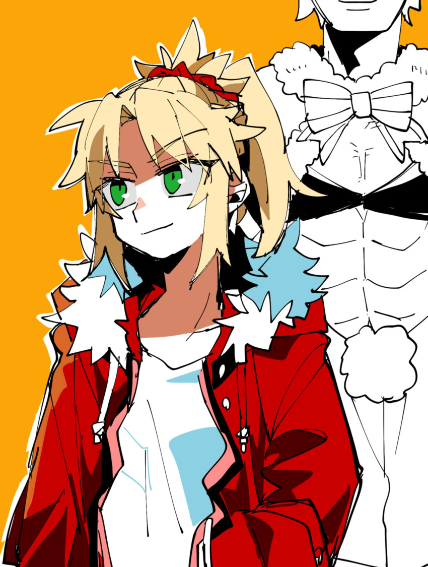 1boy abs blonde_hair bow character_request closed_mouth fate/apocrypha fate/grand_order fate_(series) female green_eyes hair_ornament hair_scrunchie highres jacket mordred_(fate) mordred_(fate/apocrypha) mordred_(memories_at_trifas)_(fate) open_clothes open_jacket orange_background ponytail red_jacket red_scrunchie scrunchie shirt simple_background solo_focus uotsu_(sabakou) white_shirt