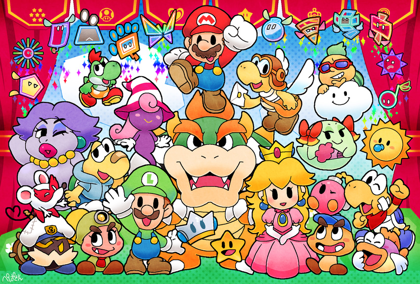 2boys 2girls admiral_bobbery annotated arm_behind_head bag bandaid barry_(paper_mario) blonde_hair blush_stickers bombette boomer_(paper_mario) bow bow_(paper_mario) bowser carrie_(paper_mario) commentary_request crown cudge_(paper_mario) dashell dottie dress earrings fleep flurrie ghost-pepper goombario goombella hairbow hat highres jewelry kersti_(paper_mario) kooper koops lakilester letter long_hair looking_at_viewer luigi mario mario_(series) mini-yoshi ms._mowz multiple_boys multiple_girls one_eye_closed overalls paper_mario paper_mario:_sticker_star paper_mario:_the_thousand_year_door paper_mario_64 parakarry photoshop_(medium) piccolo_(paper_mario) pink_dress pixl princess_peach satchel slim_(paper_mario) super_paper_mario sushie thoreau thudley tippi_(paper_mario) twink_(paper_mario) vivian_(paper_mario) watt_(paper_mario) waving wings yoshi