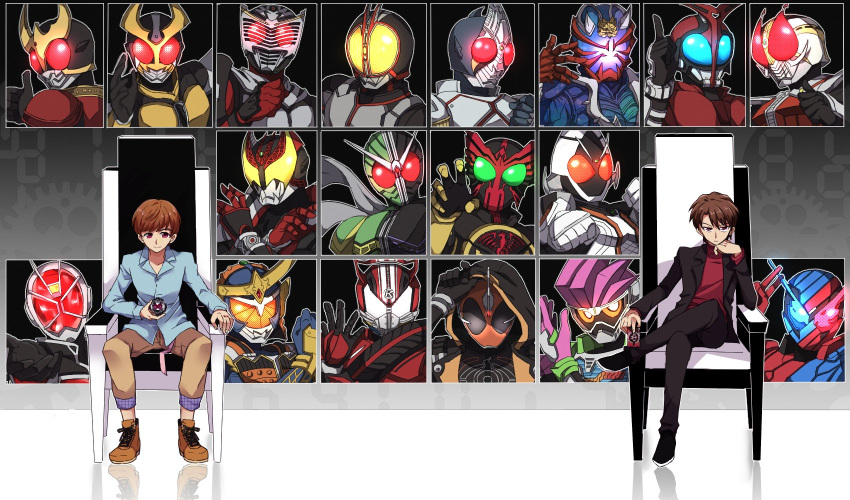 brown_hair card commentary_request crossed_legs glowing glowing_eyes head_rest highres hood kadoya_tsukasa kamen_rider kamen_rider_555 kamen_rider_agito kamen_rider_agito_(series) kamen_rider_blade kamen_rider_blade_(series) kamen_rider_build kamen_rider_build_(series) kamen_rider_dcd kamen_rider_den-o kamen_rider_den-o_(series) kamen_rider_double kamen_rider_drive kamen_rider_drive_(series) kamen_rider_ex-aid kamen_rider_ex-aid_(series) kamen_rider_faiz kamen_rider_fourze kamen_rider_fourze_(series) kamen_rider_gaim kamen_rider_gaim_(series) kamen_rider_ghost kamen_rider_ghost_(series) kamen_rider_hibiki kamen_rider_hibiki_(series) kamen_rider_kabuto kamen_rider_kabuto_(series) kamen_rider_kiva kamen_rider_kiva_(series) kamen_rider_kuuga kamen_rider_kuuga_(series) kamen_rider_ooo kamen_rider_ooo_(series) kamen_rider_ryuki kamen_rider_ryuki_(series) kamen_rider_w kamen_rider_wizard kamen_rider_wizard_(series) kamen_rider_zi-o_(series) pink_eyes pointing pointing_at_self pointing_up pose reaching reaching_towards_viewer scarf sitting smile throne thumbs_up tokiwa_sougo yoshino_(gunform)