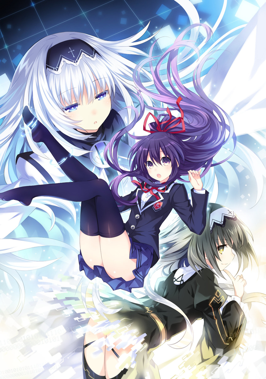 3girls :o arusu_maria arusu_marina black_hair black_legwear blazer blue_eyes date_a_live date_a_live:_arusu_install digital_dissolve dress dress_shirt finger_to_own_chin hair_ribbon hairband highres jacket long_hair long_sleeves multiple_girls neck_ribbon no_shoes official_art pleated_skirt puffy_long_sleeves puffy_sleeves purple_eyes purple_hair raizen_high_school_uniform ribbon school_uniform shirt skirt smile thighhighs tsunako very_long_hair white_hair yatogami_tooka yellow_eyes