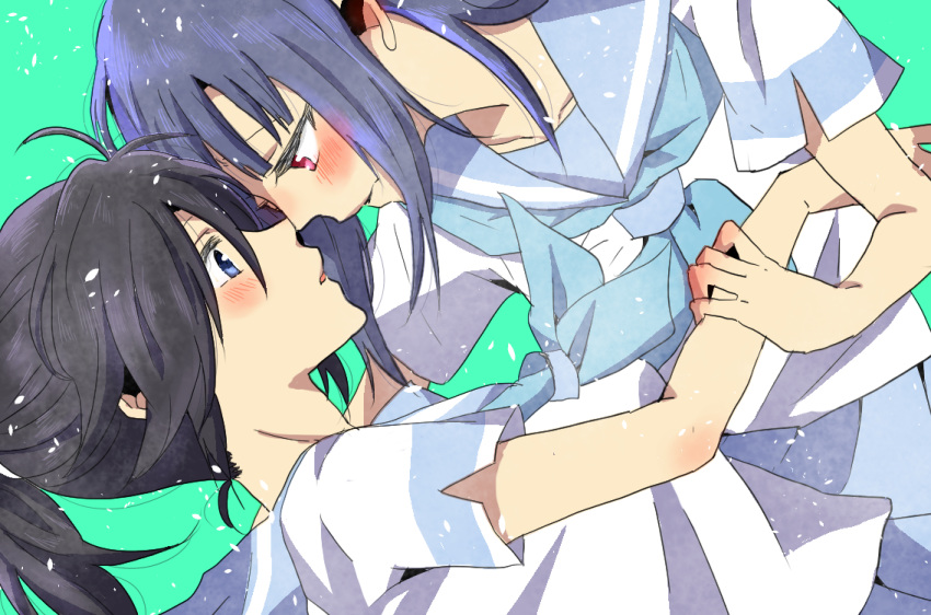 2girls black_hair blue_eyes blue_hair blue_neckwear blue_skirt blush commentary_request face-to-face from_side green_background hibike!_euphonium kasaki_nozomi kitauji_high_school_uniform liz_to_aoi_tori multiple_girls open_mouth petals pink_eyes pleated_skirt sakurada_en school_uniform shirt short_sleeves skirt upper_body white_shirt yoroizuka_mizore yuri