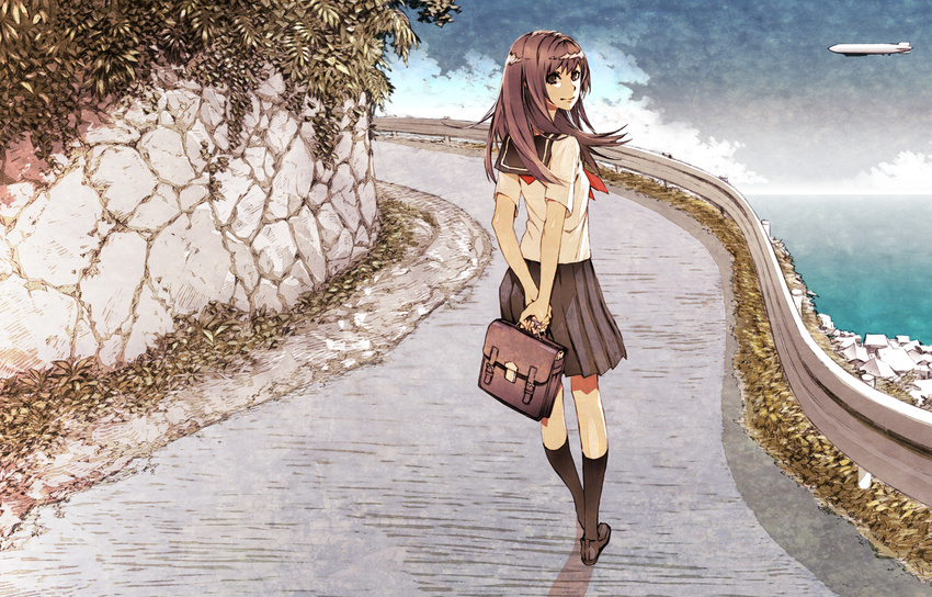 aircraft bag black_socks briefcase brown_hair commentary_request dirigible female guard_rail kneehighs loafers long_hair looking_at_viewer looking_back miwa_shirow original photoshop_(medium) pleated_skirt retaining_wall road school_bag school_briefcase school_uniform serafuku shoes skirt smile socks solo supercell_(band) traffic_barrier