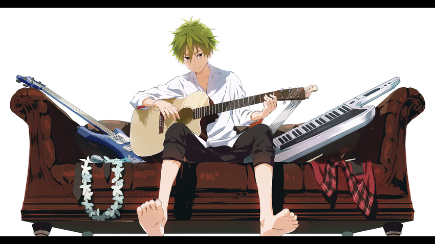 1boy acoustic_guitar akiyama_hayato bad_id bad_pixiv_id bare_arms barefoot bass_guitar bracelet brown_eyes couch flower flower_necklace from_below green_hair guitar idolmaster idolmaster_side-m instrument jewelry keytar lei letterboxed light_smile looking_at_viewer male_focus map_(map_imas) microphone music on_couch plaid playing_instrument rickenbacker rickenbacker_4001 simple_background smile solo white_background