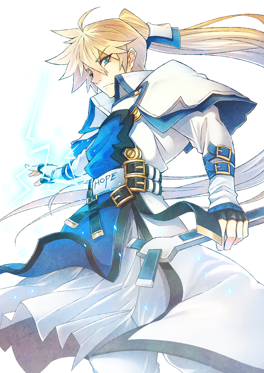 1boy blonde_hair blue_eyes buttons commentary_request electricity english_text fingerless_gloves furai gloves guilty_gear guilty_gear_xrd hair_between_eyes highres ky_kiske long_hair magnolia_eclair_ii male_focus ponytail solo