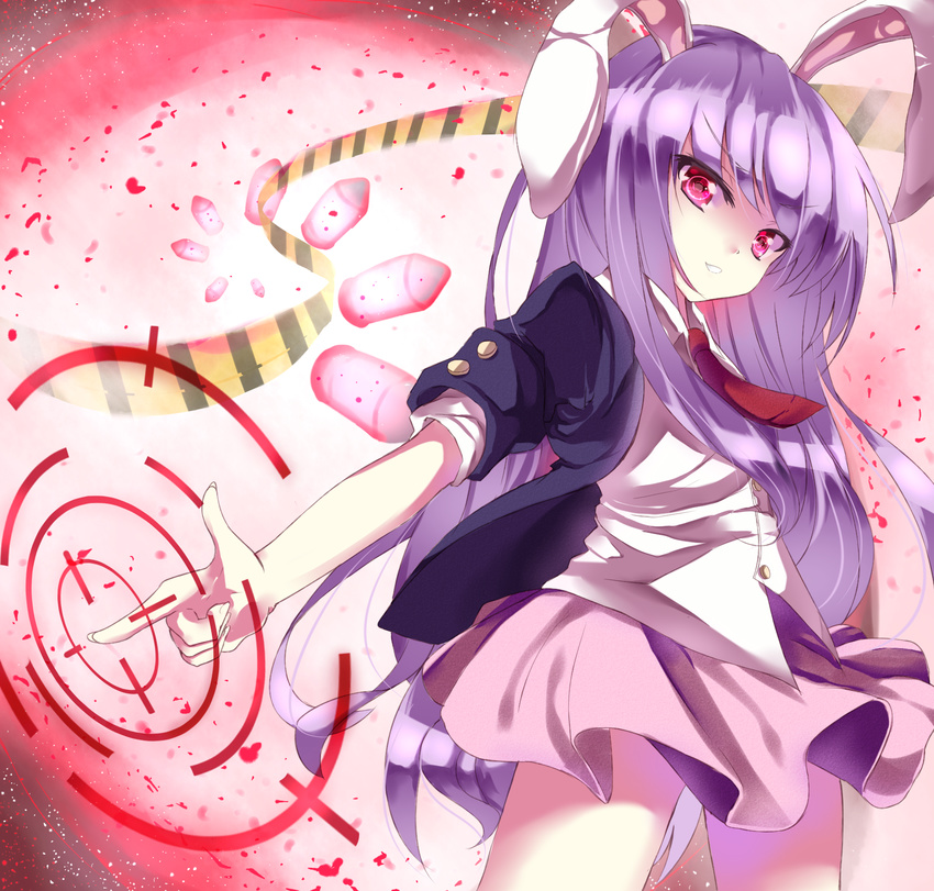 animal_ears bad_deviantart_id bad_id blazer blizzomos blouse crosshair female finger_gun highres jacket light_purple_hair long_hair looking_at_viewer miniskirt necktie pink_skirt pleated_skirt rabbit_ears red_eyes red_necktie reisen_udongein_inaba shirt skirt solo touhou very_long_hair