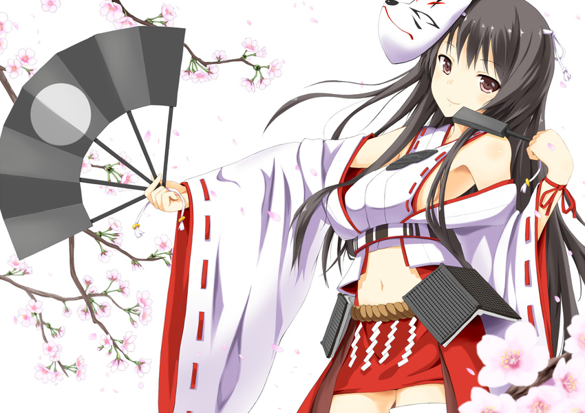 bare_shoulders black_hair bluekalmia breasts cherry_blossoms clenched_hand commentary_request detached_sleeves female fox_mask hand_fan japanese_clothes kubota_(oshiro_project) long_hair mask medium_breasts midriff miniskirt navel nontraditional_miko oshiro_project:re skirt solo