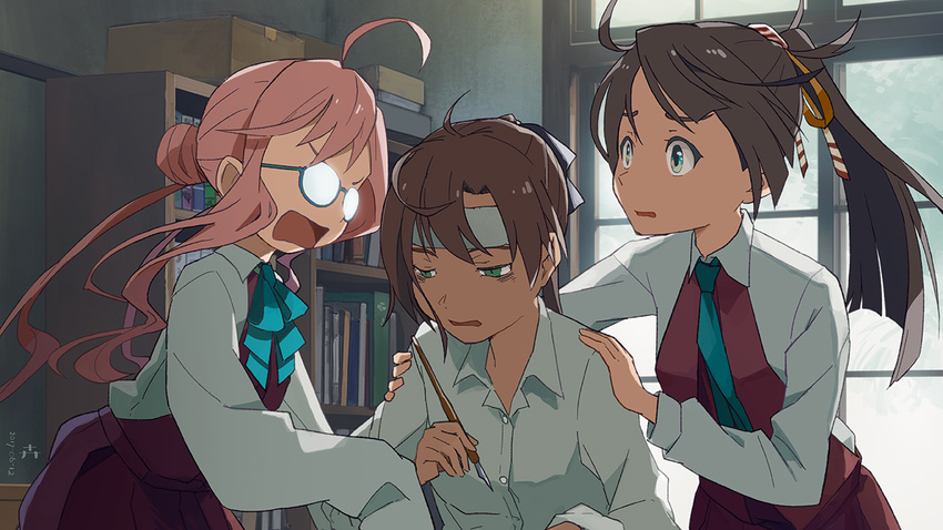 3girls ahoge akigumo_(kancolle) aqua_bow aqua_bowtie blue-framed_eyewear bookshelf bow bowtie brown_hair dress glasses green_eyes hair_bun hands_on_another's_shoulders headband holding holding_pen indoors kantai_collection kazagumo_(kancolle) kusakabe_(kusakabeworks) long_hair long_sleeves low_twintails makigumo_(kancolle) multiple_girls nib_pen_(object) parody pen pink_hair ponytail purple_dress sanada_maru shirt single_hair_bun sleeveless sleeveless_dress sleeves_past_wrists twintails white_shirt window