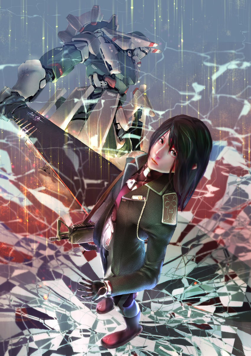 assault_rifle black_gloves black_hair blurry boots brown_eyes cent_u commentary crack cracked_floor female from_above gloves gun highres jacket looking_at_viewer mecha open_hand original red_footwear rifle robot sword weapon