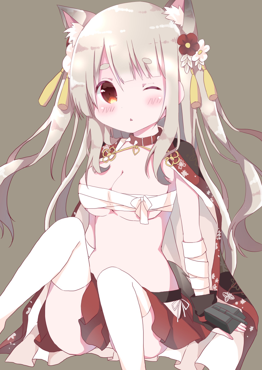 :< absurdres animal_ears azur_lane bandaged_arm bandages black_cape black_gloves blush breasts brown_background brown_eyes cannon cape cleavage collar commentary_request female fingerless_gloves flower gloves hair_between_eyes hair_flower hair_ornament hamada_pengin head_tilt highres light_brown_hair long_hair medium_breasts official_alternate_costume one_eye_closed parted_lips pleated_skirt red_collar red_flower red_skirt sarashi short_eyebrows simple_background sitting skirt solo spiked_collar spikes tail thick_eyebrows thighhighs triangle_mouth turret two_side_up very_long_hair white_flower white_thighhighs wolf_ears wolf_girl wolf_tail yuudachi_(azur_lane) yuudachi_(shogun_of_snowballs)_(azur_lane)