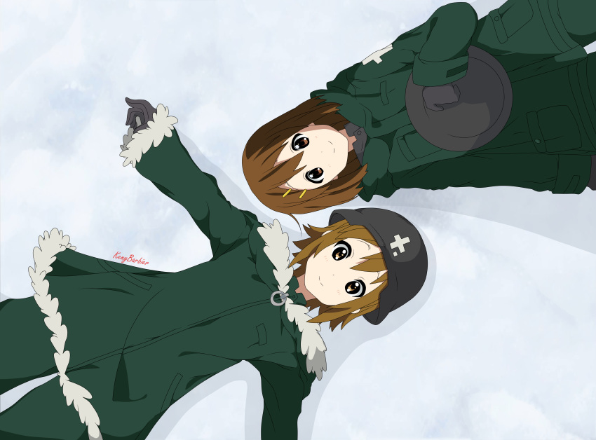 2girls absurdres artist_name bad_id bad_pixiv_id brodie_helmet brown_eyes brown_hair chito_(shoujo_shuumatsu_ryokou) chito_(shoujo_shuumatsu_ryokou)_(cosplay) coat combat_helmet commentary cosplay fur-trimmed_coat fur_trim gloves hair_between_eyes helmet highres hirasawa_yui k-on! keny_barbier looking_at_viewer lying military military_uniform multiple_girls on_back photoshop_(medium) short_hair shoujo_shuumatsu_ryokou smile snow stahlhelm tainaka_ritsu uniform yuuri_(shoujo_shuumatsu_ryokou) yuuri_(shoujo_shuumatsu_ryokou)_(cosplay)