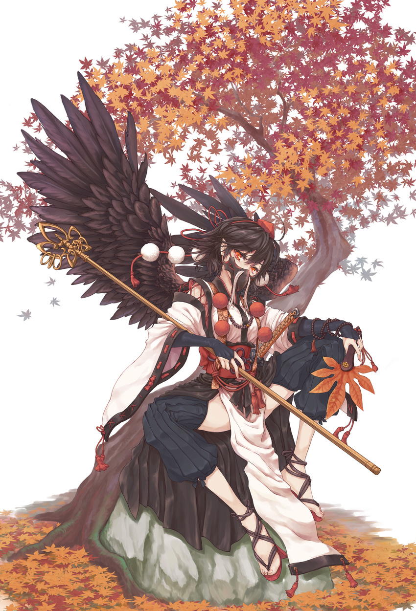 autumn_leaves beads black_hair breasts bridal_gauntlets colored_eyelashes commentary_request eyebrows feet female fingernails geta hand_fan hat hauchiwa highres kourindou_tengu_costume looking_down mask medium_breasts mumulatte obi orange_eyes pointy_ears pom_pom_(clothes) ribbon ribbon-trimmed_sleeves ribbon_trim rock sash shakujou shameimaru_aya sheath sheathed short_hair simple_background sitting sitting_on_rock solo staff sword tengu-geta thighs toenails tokin_hat touhou weapon white_background yuigesa