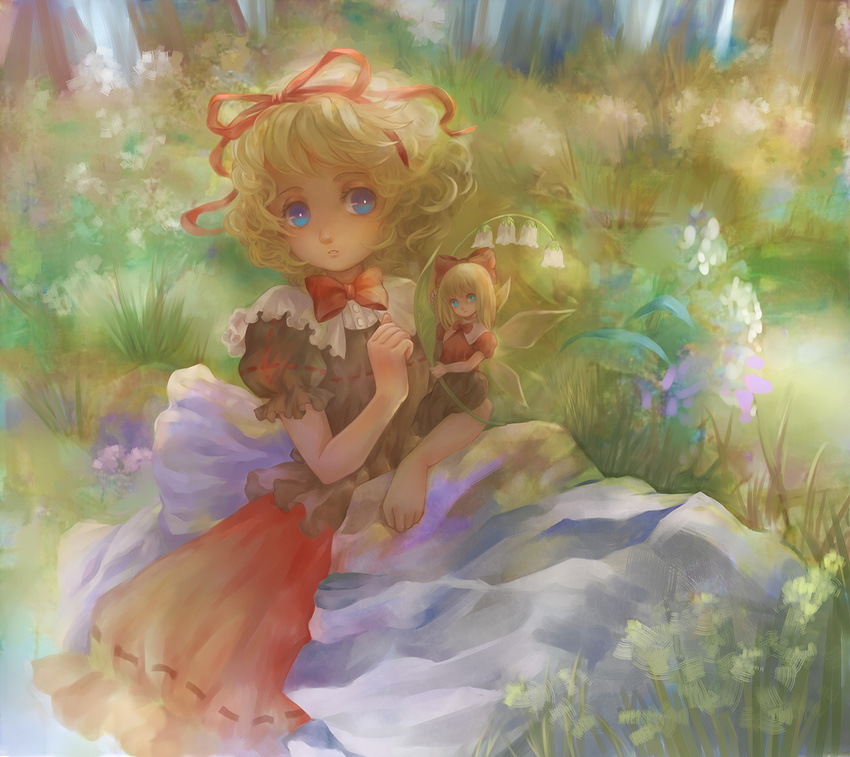 bellflower blonde_hair blue_eyes bow bowtie commentary curly_hair dress female flower hair_ribbon hand_up holding holding_flower jyuui md5_mismatch medicine_melancholy parted_lips puffy_short_sleeves puffy_sleeves red_bow red_bowtie red_ribbon red_skirt resolution_mismatch ribbon scenery short_hair short_sleeves sitting_on_arm skirt solo source_larger su-san touhou white_flower