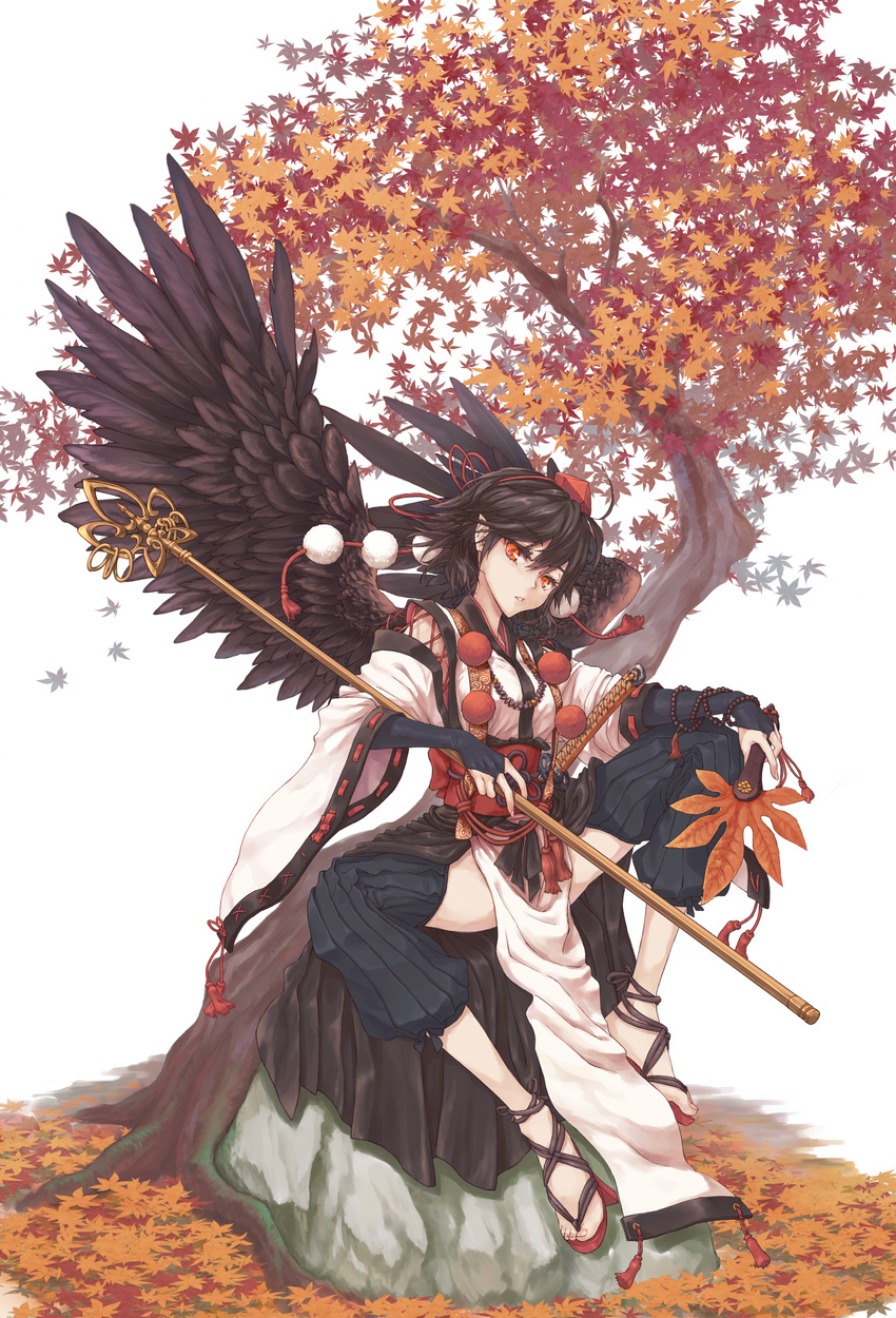 autumn_leaves beads black_hair breasts bridal_gauntlets colored_eyelashes commentary_request eyebrows feet female fingernails geta hand_fan hat hauchiwa highres kourindou_tengu_costume looking_down medium_breasts mumulatte nose obi orange_eyes parted_lips pointy_ears pom_pom_(clothes) ribbon ribbon-trimmed_sleeves ribbon_trim rock sash shakujou shameimaru_aya sheath sheathed short_hair simple_background sitting sitting_on_rock solo staff sword tengu-geta thighs toenails tokin_hat touhou weapon white_background yuigesa