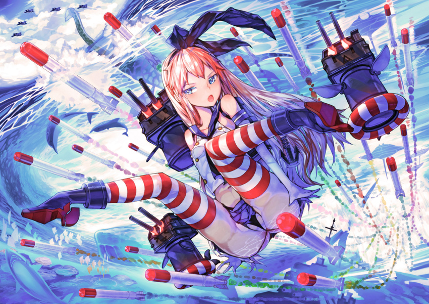 aircraft blonde_hair blue_eyes boots elbow_gloves headband kantai_collection leung_ka_che long_hair oerba_yun_fang panties shimakaze_(kancolle) skirt thighhighs underwear water