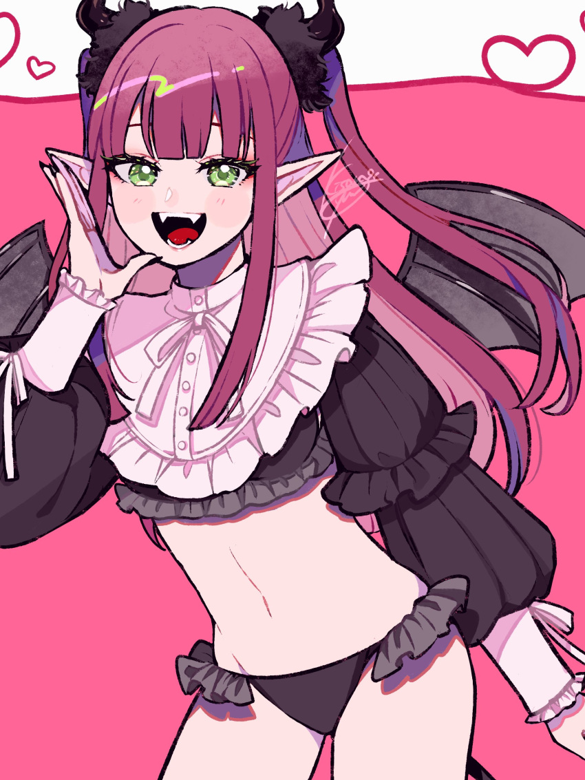 absurdres black_horns black_nails black_panties black_wings blunt_bangs cosplay crop_top demon_horns demon_tail demon_wings eyelashes female green_eyes hair_ornament highres horns kisaragi_yuu_(fallen_sky) kitagawa_marin long_hair looking_at_viewer no_pants open_mouth panties pointy_ears red_hair rizu-kyun rizu-kyun_(cosplay) sidelocks solo sono_bisque_doll_wa_koi_wo_suru stomach tail thighs underwear wings