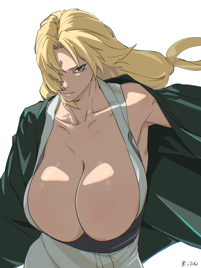 blonde_hair breasts cleavage facial_mark female forehead_mark green_jacket grey_kimono highres huge_breasts jacket japanese_clothes kimono konohagakure_shinobi_uniform konohagakure_symbol looking_at_viewer mattsun_(lyohei) mature_female naruto_(series) naruto_shippuuden short_eyebrows standing tsunade_(naruto) white_background