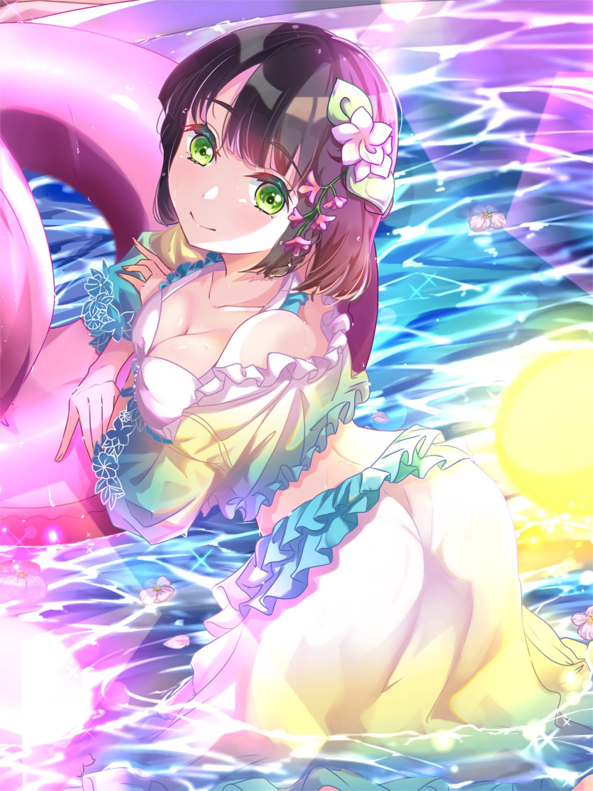 ass bikini black_hair blunt_bangs blunt_ends breasts cleavage collarbone commentary cowboy_shot female flower frilled_bikini frilled_sarong frills gradient_clothes gradient_jacket gradient_sarong green_eyes green_jacket green_sarong hair_flower hair_ornament highres innertube jacket link!_like!_love_live! love_live! medium_breasts midriff momose_ginko multicolored_clothes multicolored_jacket multicolored_sarong official_alternate_costume official_alternate_hairstyle passion!!!!!!_(love_live!) pink_flower sakari_(pear_8_ll) sarong short_hair solo swim_ring swimsuit virtual_youtuber wading white_bikini white_jacket white_sarong yellow_jacket yellow_sarong