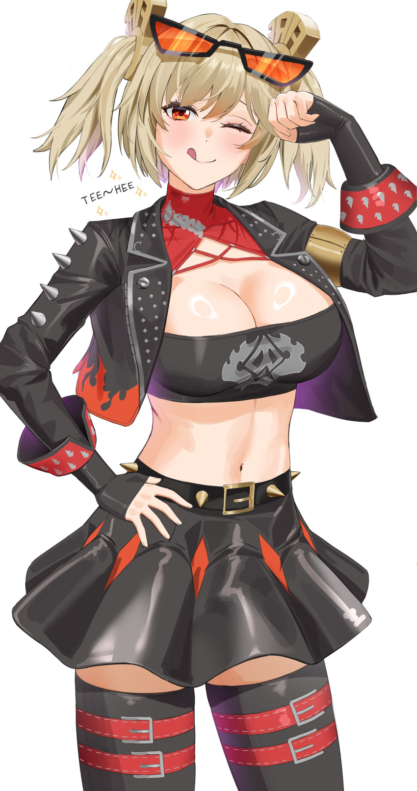 ;) ;q absurdres anoreika_tomoe bandeau belt black_belt black_gloves black_jacket black_skirt black_thighhighs blonde_hair blush breasts burnice_white cleavage cowboy_shot eyewear_on_head female fingerless_gloves gloves highres jacket large_breasts long_sleeves looking_at_viewer midriff miniskirt navel one_eye_closed open_clothes open_jacket orange_eyes red_belt short_hair simple_background skirt smile solo standing stomach strapless sunglasses thighhighs thighs tongue tongue_out tube_top two_side_up white_background zenless_zone_zero