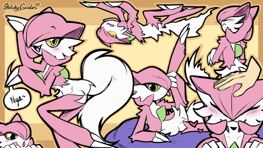 animal_ears blush cat_ears cat_girl cat_tail claws colored_sclera colored_skin gardevoir green_eyes highres licking licking_leg looking_at_viewer oerba_yun_fang petting pink_fur pink_hair pokemon pokemon_(creature) sketchygarden tail white_skin yellow_background yellow_sclera