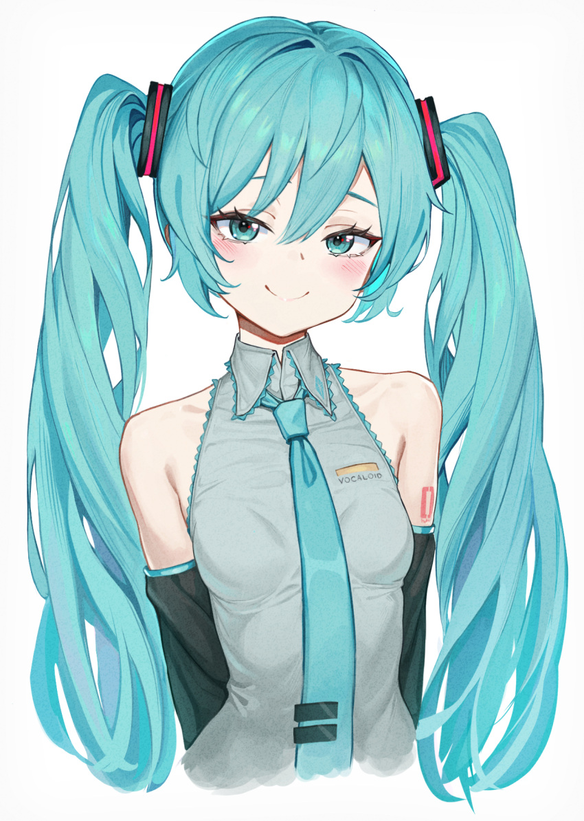 arms_behind_back bare_shoulders bib_(bibboss39) black_sleeves blue_eyes blue_hair breasts closed_mouth collared_shirt cropped_torso detached_sleeves female grey_shirt hair_ornament hatsune_miku highres long_hair long_sleeves looking_at_viewer necktie shirt shoulder_tattoo sleeveless sleeveless_shirt small_breasts smile solo tattoo twintails very_long_hair vocaloid