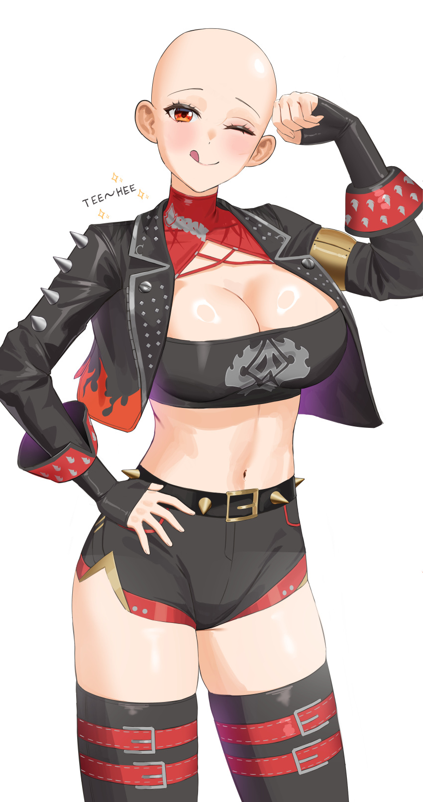 ;) ;q absurdres anoreika_tomoe bald bandeau belt black_belt black_gloves black_jacket black_shorts black_thighhighs blush breasts burnice_white cleavage commentary cowboy_shot female fingerless_gloves gloves highres jacket large_breasts long_sleeves looking_at_viewer midriff navel one_eye_closed open_clothes open_jacket orange_eyes red_belt short_shorts shorts simple_background smile solo standing stomach strapless thighhighs thighs tongue tongue_out tube_top white_background zenless_zone_zero