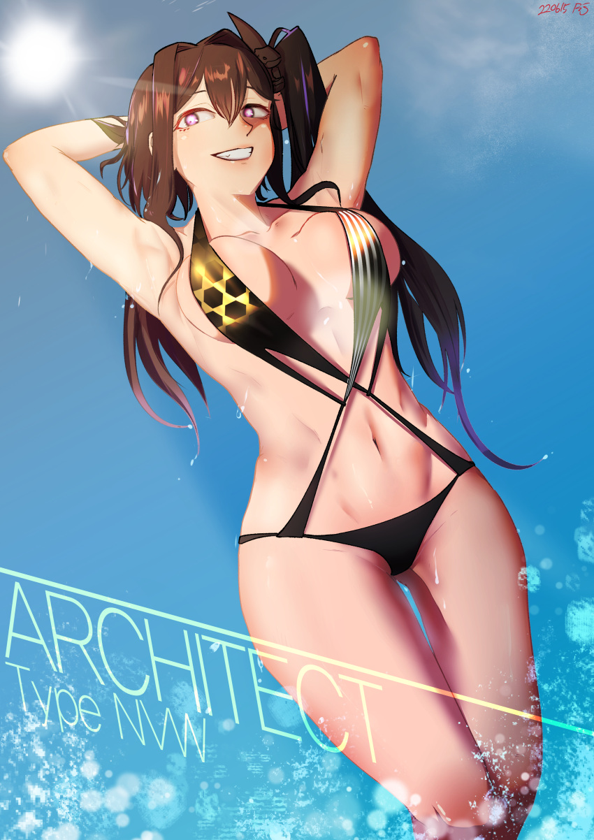 absurdres architect_(girls'_frontline) architect_(nvw_model)_(girls'_frontline) armpits arms_behind_head black_hair black_one-piece_swimsuit blue_sky breasts casual_one-piece_swimsuit character_name collarbone commentary cowboy_shot dated day english_commentary female girls'_frontline grin hair_ornament highres large_breasts long_hair looking_at_viewer navel one-piece_swimsuit one_side_up purple_eyes radish_p sangvis_ferri signature sky smile solo standing sun swimsuit very_long_hair water waves wet