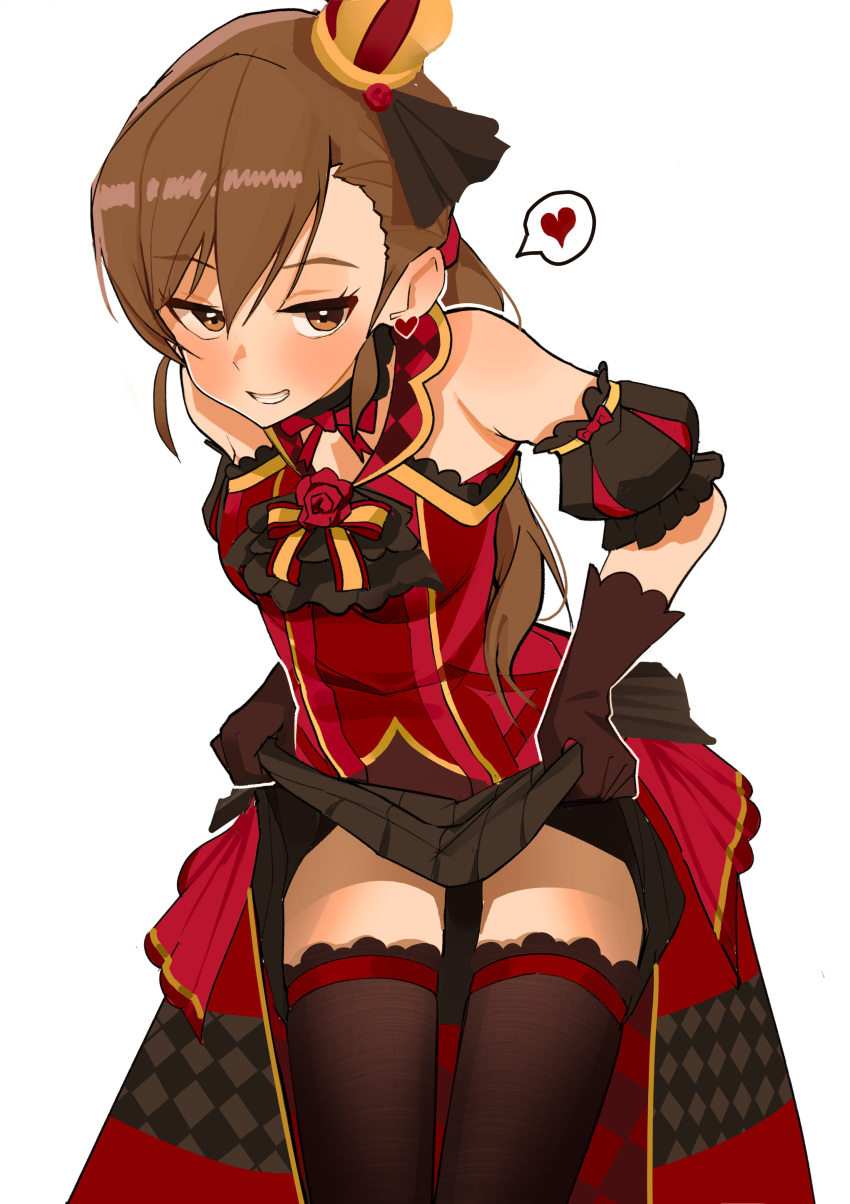 absurdres bare_shoulders black_gloves black_sleeves black_thighhighs brown_eyes brown_hair ch2haya_p clothes_lift cowboy_shot crown detached_sleeves dress dress_lift female frilled_sleeves frills futami_mami gloves grin heart highres idolmaster idolmaster_(classic) korean_commentary leaning_forward legs_apart lifting_own_clothes long_hair looking_at_viewer low_ponytail mini_crown ponytail puffy_short_sleeves puffy_sleeves red_dress short_sleeves sidelocks simple_background smile solo speech_bubble spoken_heart standing thighhighs white_background zettai_ryouiki