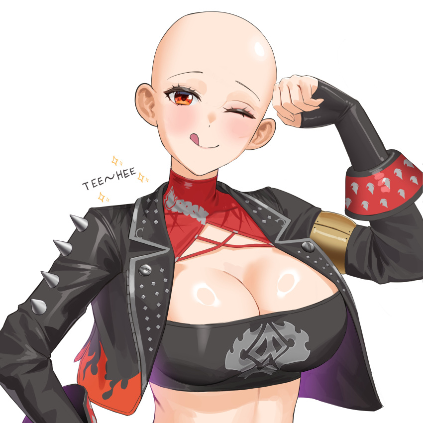 ;) ;q absurdres anoreika_tomoe bald bandeau belt black_belt black_gloves black_jacket black_skirt blush breasts burnice_white cleavage english_commentary female fingerless_gloves gloves highres jacket large_breasts long_sleeves looking_at_viewer midriff miniskirt one_eye_closed open_clothes open_jacket orange_eyes simple_background skirt smile solo strapless tongue tongue_out tube_top upper_body white_background zenless_zone_zero