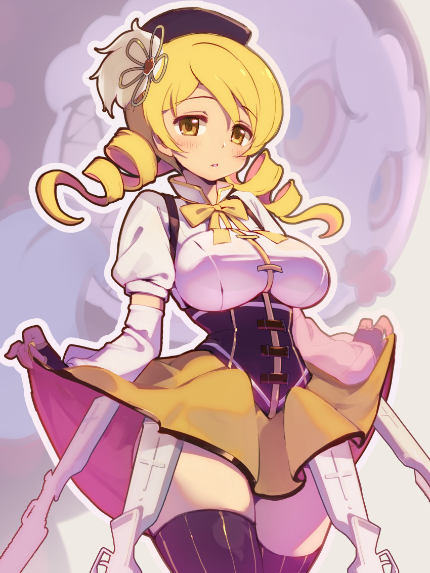 absurdres beret blonde_hair breasts brown_gloves charlotte_(madoka_magica) corset detached_sleeves drill_hair female fingerless_gloves gloves gun hat highres large_breasts magical_girl magical_musket mahou_shoujo_madoka_magica mahou_shoujo_madoka_magica_(anime) momochi_momotan puffy_sleeves skirt standing striped_clothes striped_thighhighs thighhighs tomoe_mami tomoe_mami_(magical_girl) twin_drills vertical-striped_clothes vertical-striped_thighhighs weapon yellow_eyes yellow_skirt