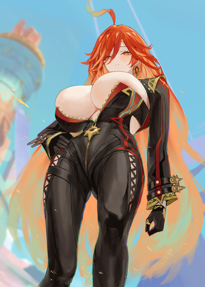 ahoge biker_clothes bikesuit black_bikesuit black_gloves blue_sky bodysuit breasts commentary female from_below genshin_impact gloves hand_on_own_hip highres large_breasts liangfen long_hair looking_at_viewer low_neckline mavuika_(genshin_impact) orange_eyes orange_hair orange_pupils outdoors paid_reward_available parted_lips red_hair sky solo strapless_bodysuit sun-shaped_pupils sun_earrings