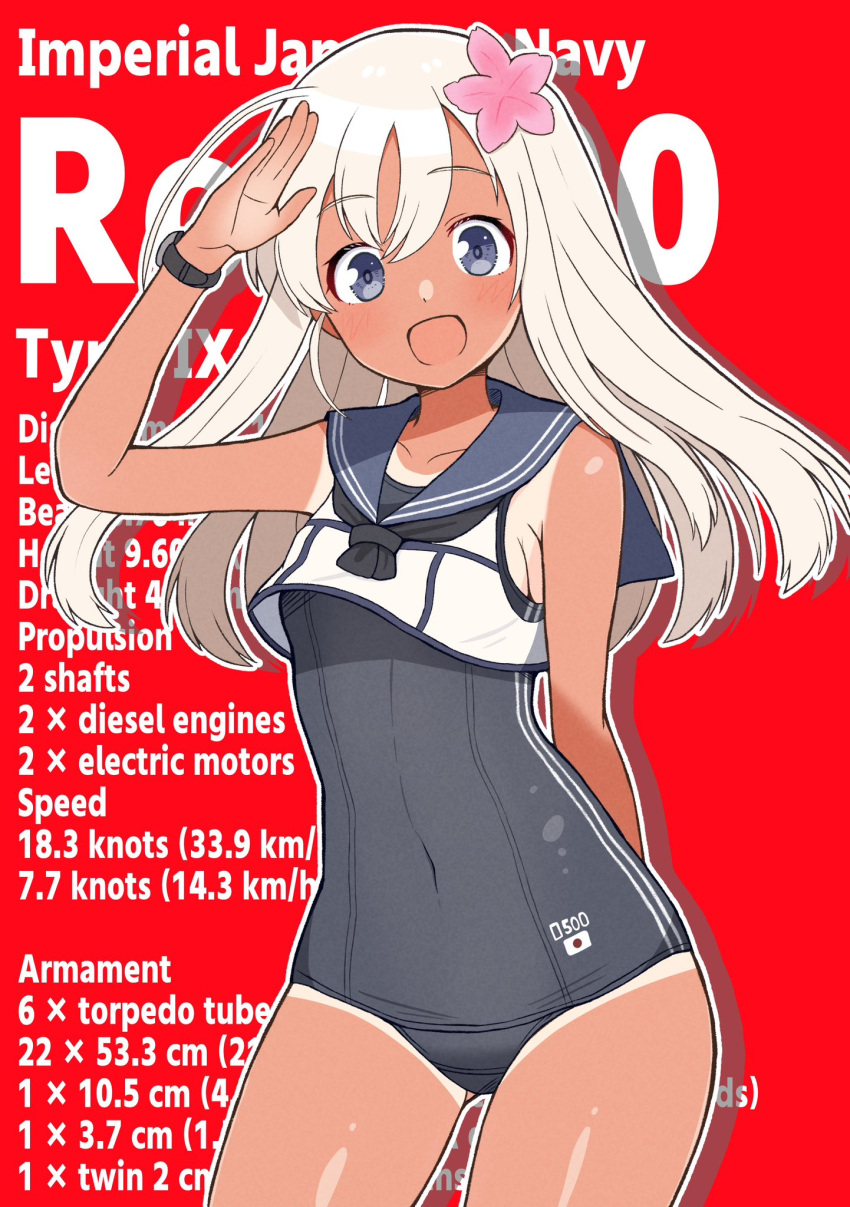 blonde_hair blue_eyes blush breasts character_name cowboy_shot crop_top female flower fuminomino hair_between_eyes hair_flower hair_ornament highres japanese_flag kantai_collection long_hair looking_at_viewer one-piece_swimsuit open_mouth red_background ro-500_(kancolle) sailor_collar salute school_swimsuit smile solo swimsuit swimsuit_under_clothes tan tanlines text_background