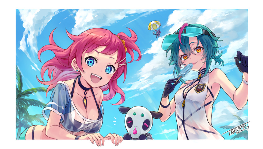 2girls 2others ahoge aqua_eyes bare_shoulders bent_over black_gloves blue_sky breasts chalice_(phantom_of_the_kill) cloud commentary_request food gloves green_hair helena_(phantom_of_the_kill) holding holding_food holding_popsicle large_breasts licking looking_at_viewer medium_breasts medium_hair multicolored_hair multiple_girls multiple_others official_alternate_costume official_art one_side_up open_mouth orange_eyes outdoors palm_tree parachute phantom_of_the_kill pink_hair popsicle purple_hair robot see-through_clothes signature sky streaked_hair swimsuit teeth tree two-tone_hair upper_body upper_teeth_only visor_cap zipper