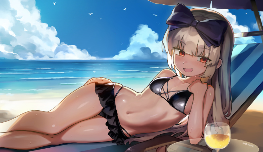 3.1-tan absurdres beach bikini black_bikini bow breasts chair cup female grey_hair hairbow hepari highres horizon looking_at_viewer lounge_chair lying navel ocean on_side os-tan red_eyes small_breasts solo swimsuit