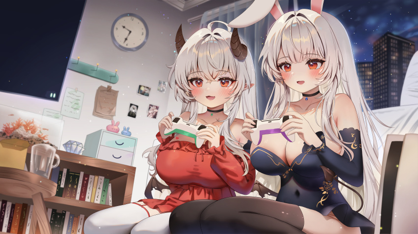 2girls absurdres ahoge animal_ears arme_(cgsy7484) bare_shoulders bed black_choker black_dress black_thighhighs blush bookshelf breasts choker clock collarbone commission controller covered_navel cup demon_girl demon_horns demon_tail demon_wings detached_sleeves drawer dress drinking_glass game_console game_controller highres holding holding_controller holding_game_controller horns indoors large_breasts long_hair long_sleeves multiple_girls night note open_mouth original playing_games playstation_5 playstation_controller pointy_ears rabbit_ears red_dress red_eyes sitting stool strapless strapless_dress tail thighhighs very_long_hair white_hair white_thighhighs window wings